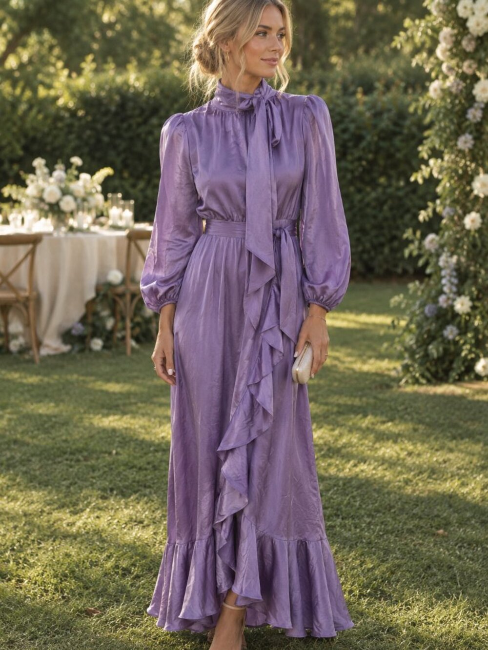 cinq a sept Lavender Satin Tie-Neck Ruffle Midi Dress